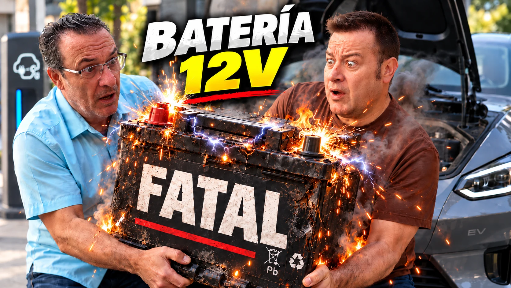 Lisard y Jordi junto a una batería de 12 V en la portada de su charla