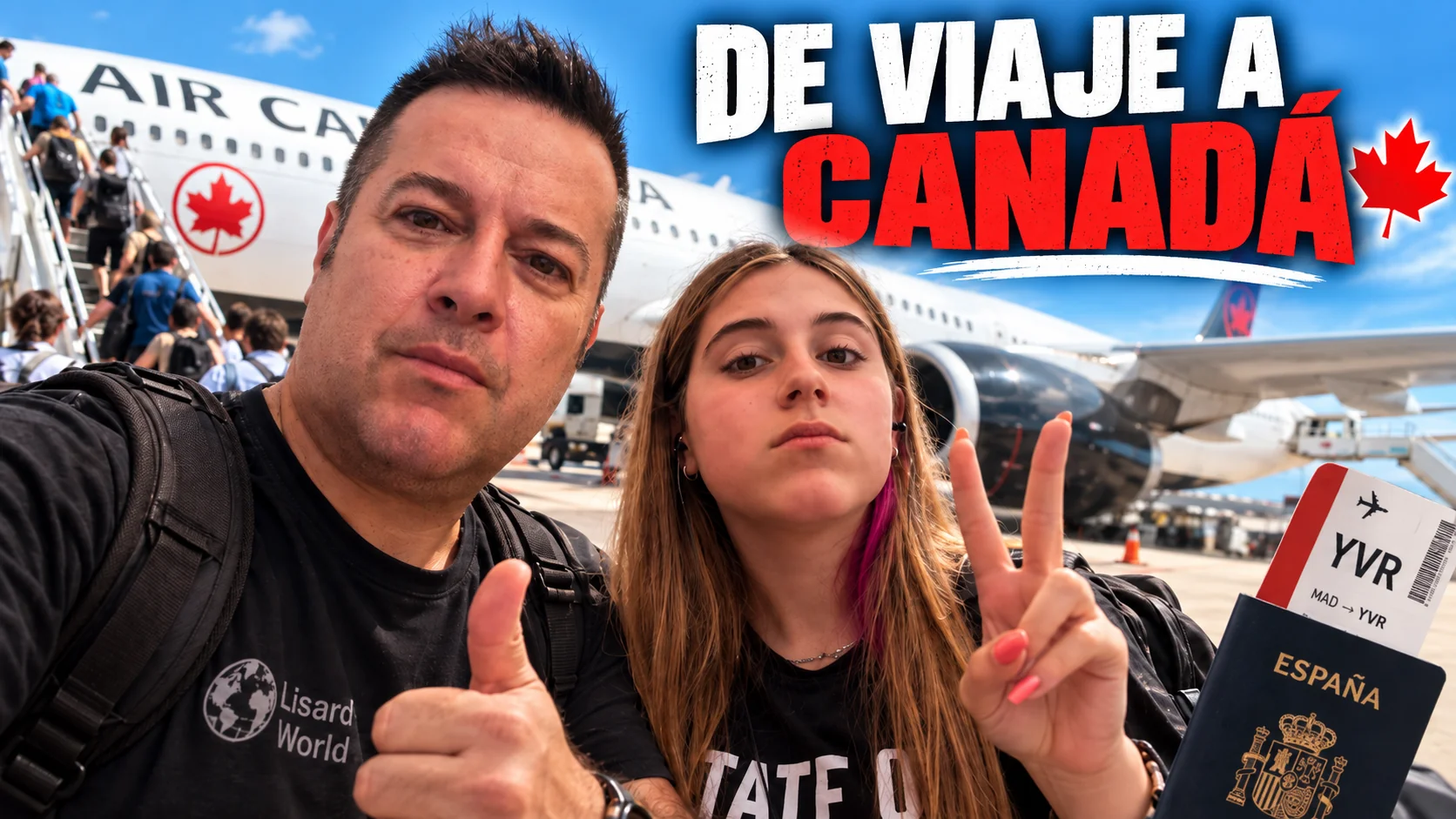 Portada del viaje a Canadá con Lisard y Mariona junto a un avión de Air Canada