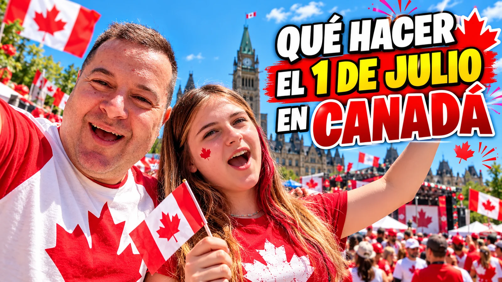 Lisard y Mariona en un montaje con banderas canadienses para la celebración del 1 de julio