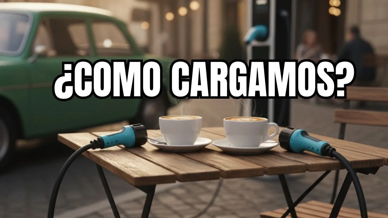 Ilustración de una terraza con cables y conectores de carga sobre la mesa
