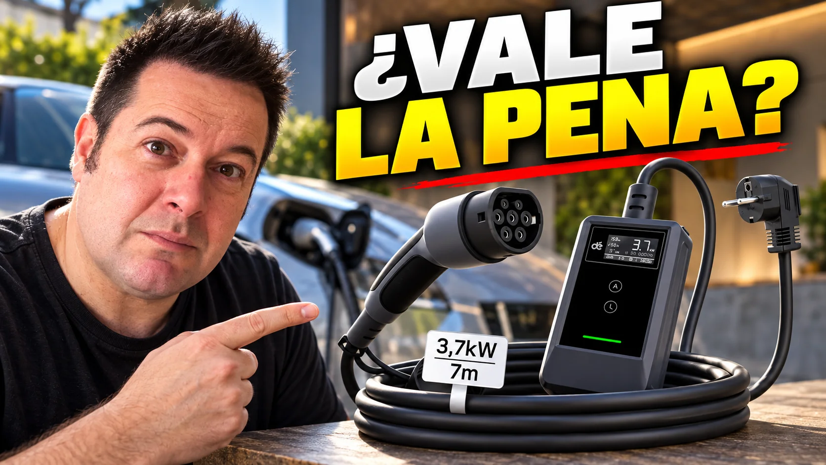 Montaje de portada con Lisard, un cargador portátil Schuko y los rótulos de 3,7 kW y 7 metros