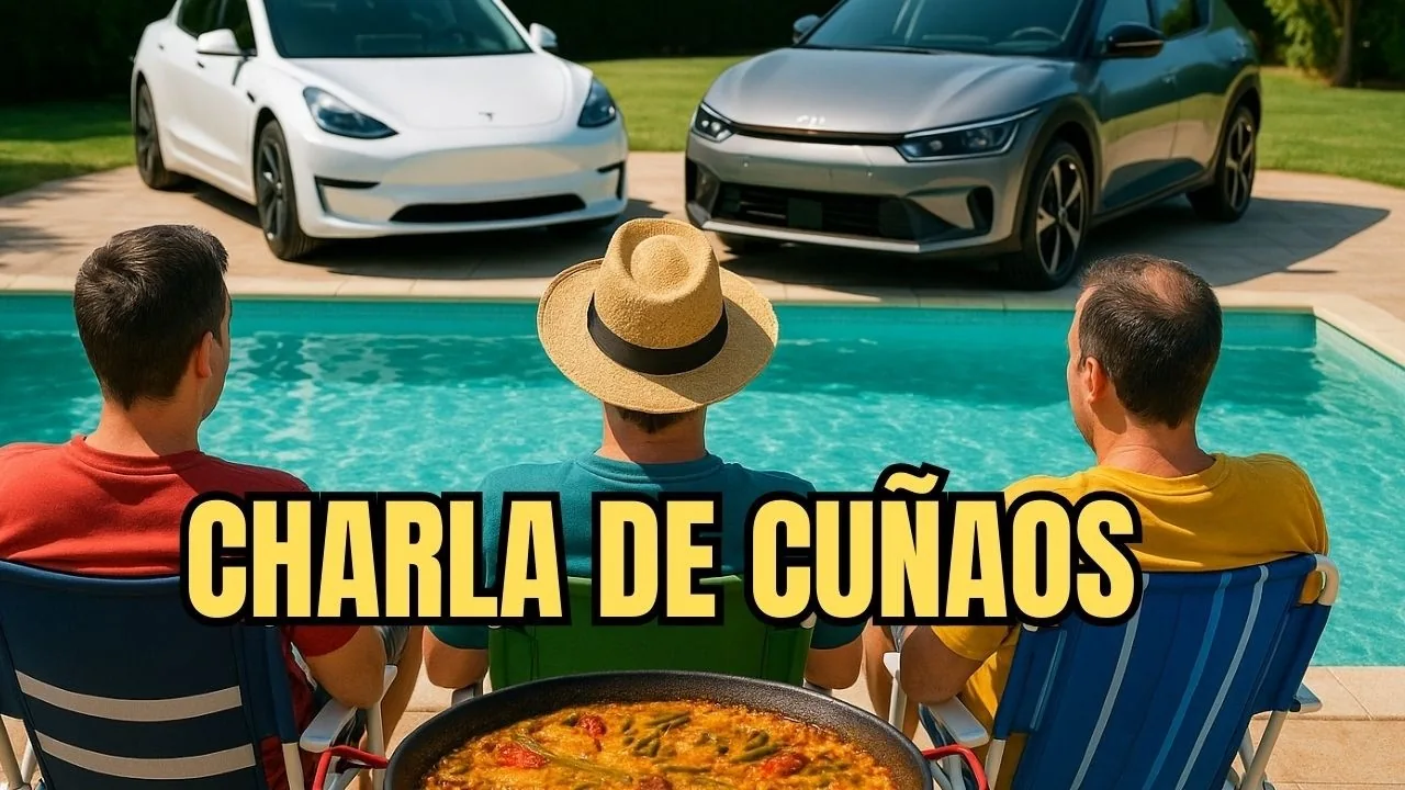 Ilustración de tres amigos ante una paella y dos coches eléctricos