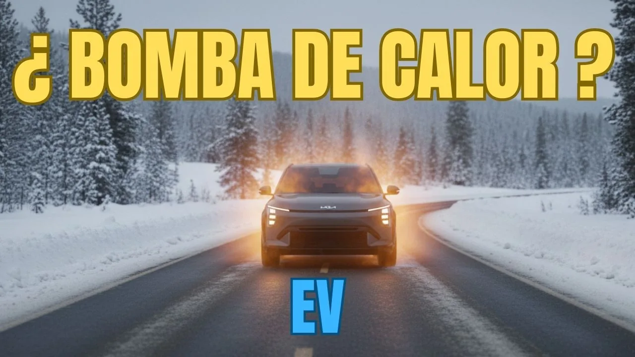 Ilustración de un eléctrico en una carretera nevada y la pregunta sobre la bomba de calor