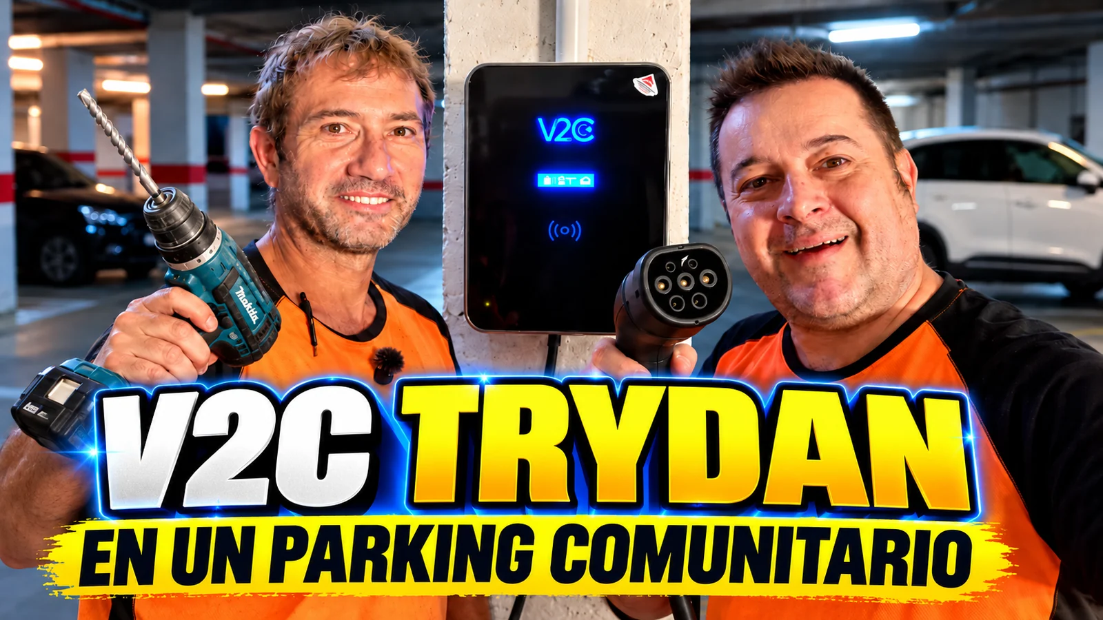Toni y Lisard junto a un cargador V2C Trydan en un garaje comunitario