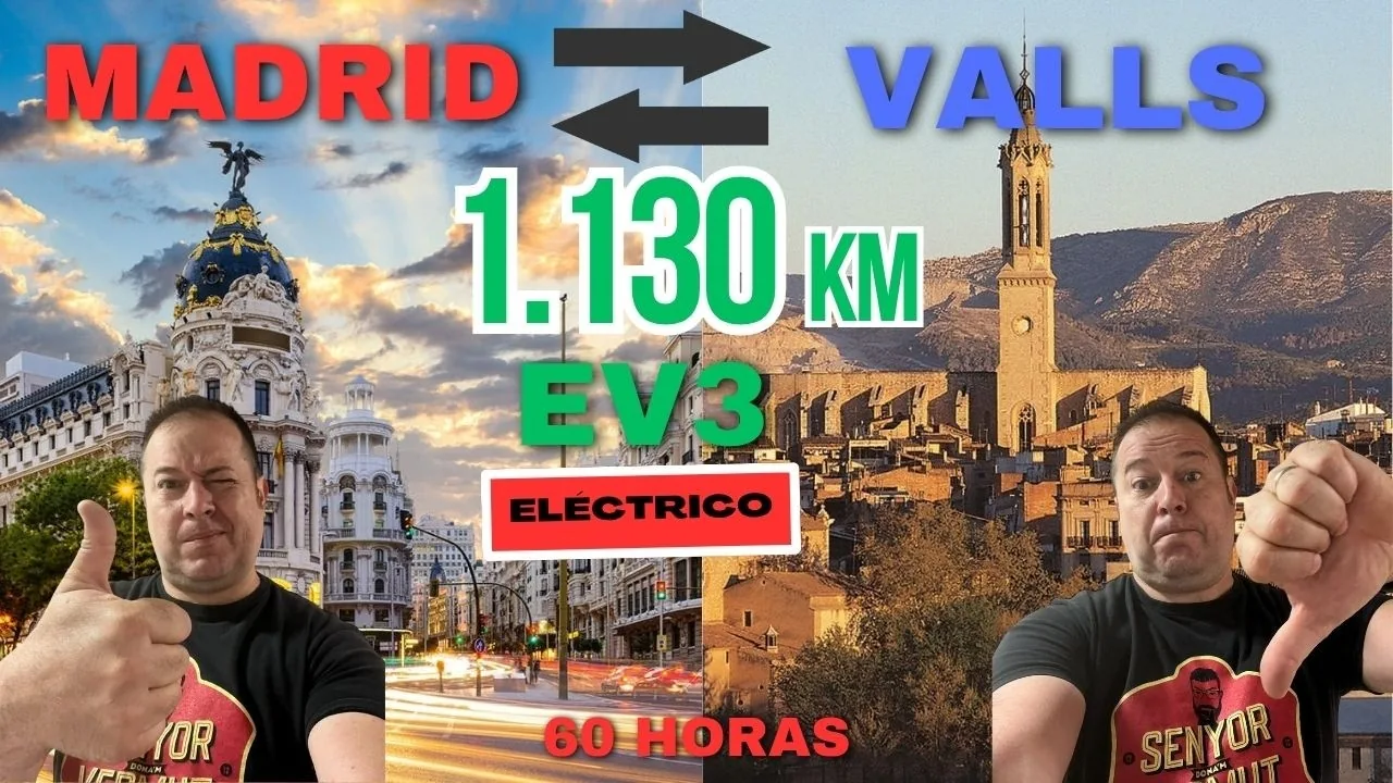 Montaje de Madrid, Valls y el Kia EV3 con la distancia del viaje familiar